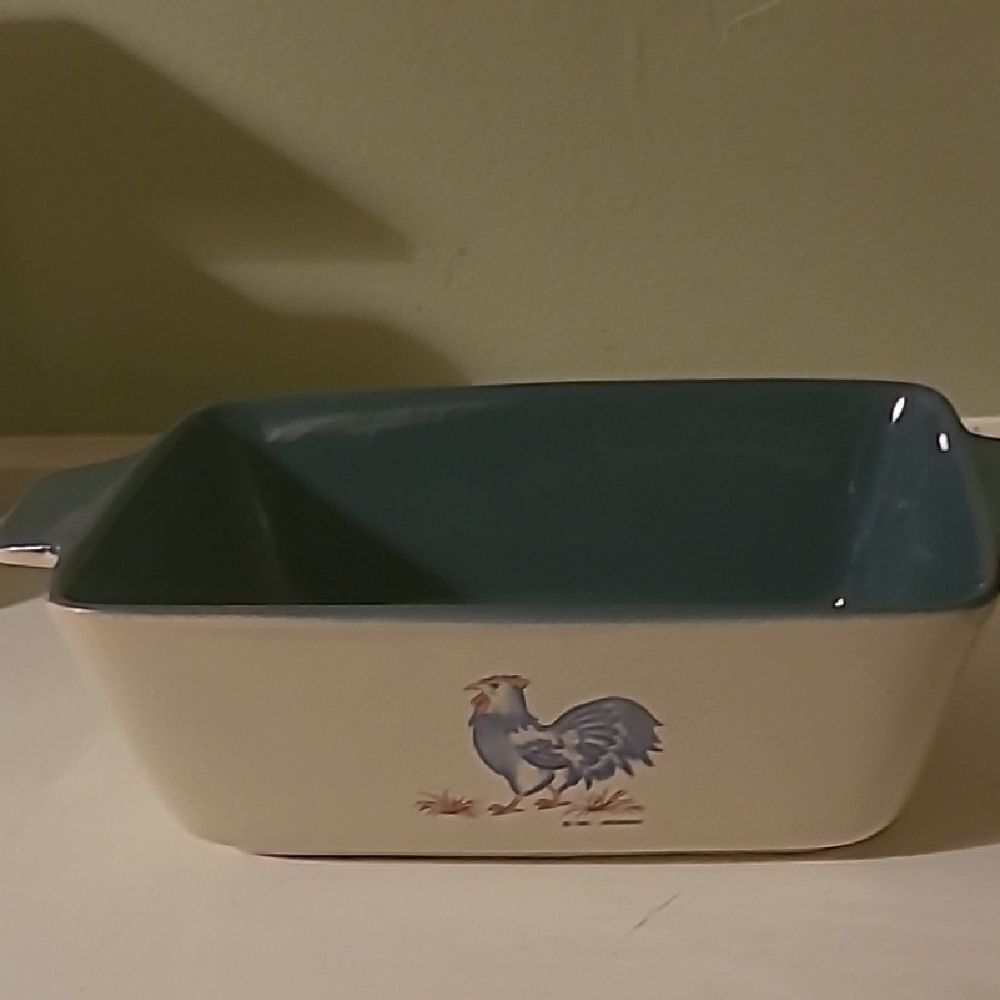 Ceramic Baking Dish with Rooster Design - Blue and Cream